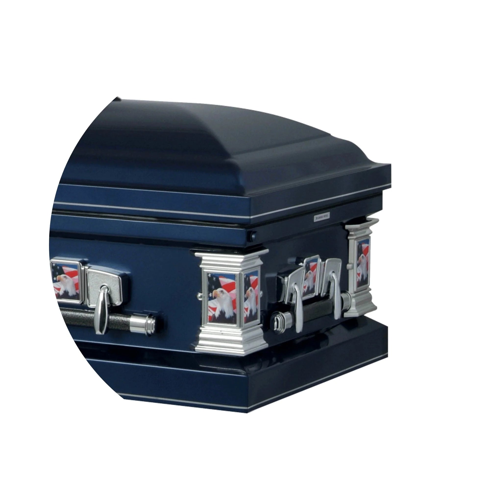 Patriot | Dark Blue Steel Casket with Dark Blue Interior and Flag at Rest Head Panel