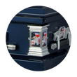 Load image into Gallery viewer, Veteran | Dark Blue Steel Casket with Light Blue Interior and Flag at Rest Head Panel
