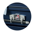 Load image into Gallery viewer, Veteran | Dark Blue Steel Casket with Light Blue Interior and Flag at Rest Head Panel
