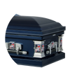 Load image into Gallery viewer, Veteran | Dark Blue Steel Casket with Light Blue Interior and Flag at Rest Head Panel

