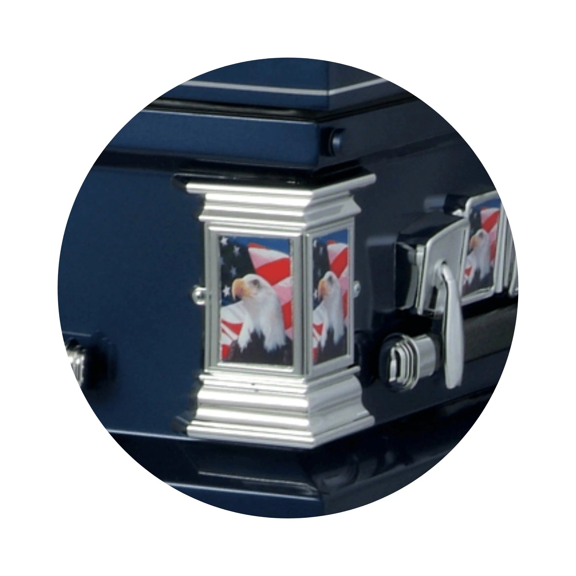 Patriot | Dark Blue Steel Casket with Dark Blue Interior and Flag at Rest Head Panel