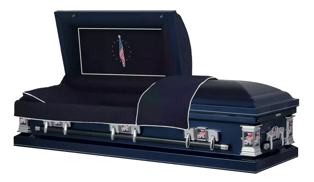 Patriot | Dark Blue Steel Casket with Dark Blue Interior and Flag at Rest Head Panel