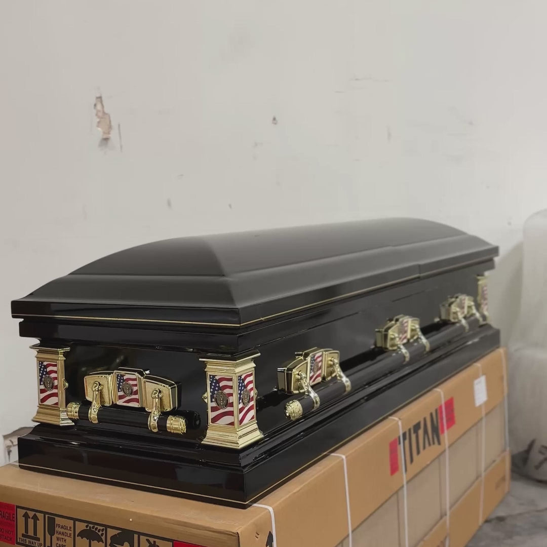 Load and play video in Gallery viewer, Military Select | Army Black Steel Casket with Black Interior
