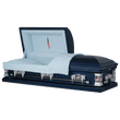 Load image into Gallery viewer, Veteran | Dark Blue Steel Casket with Light Blue Interior and Flag at Rest Head Panel - Titan Casket
